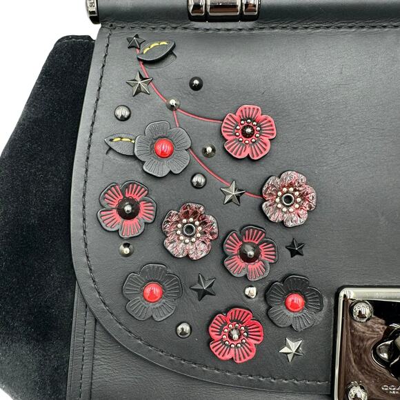 Coach Tea Rose Drifter Turnlock Satchel Floral Appliqué Black Leather 59522 - Picture 2 of 15